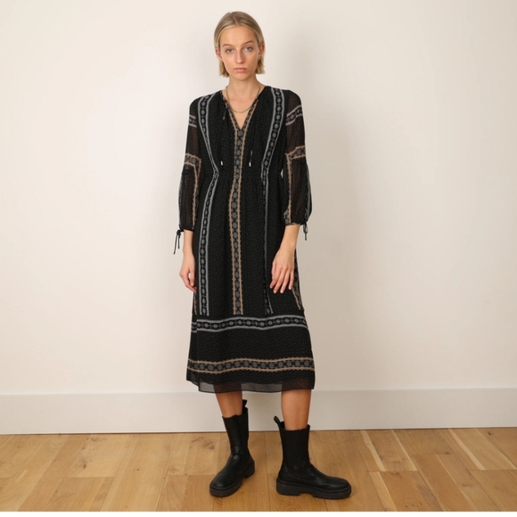 WHISTLES LONDON Black Boho Peasant Midi Dress Flowy Patterned Floral US 2 - Picture 2 of 9